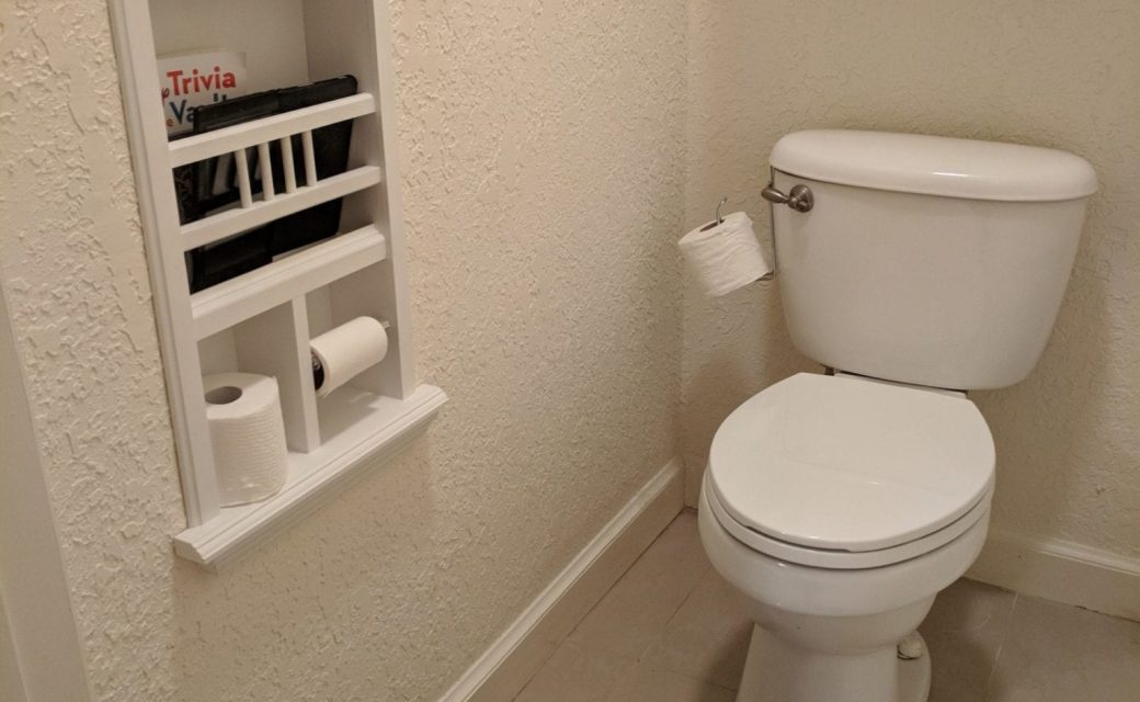 Custom MR-17 recessed magazine rack installed in bathroom